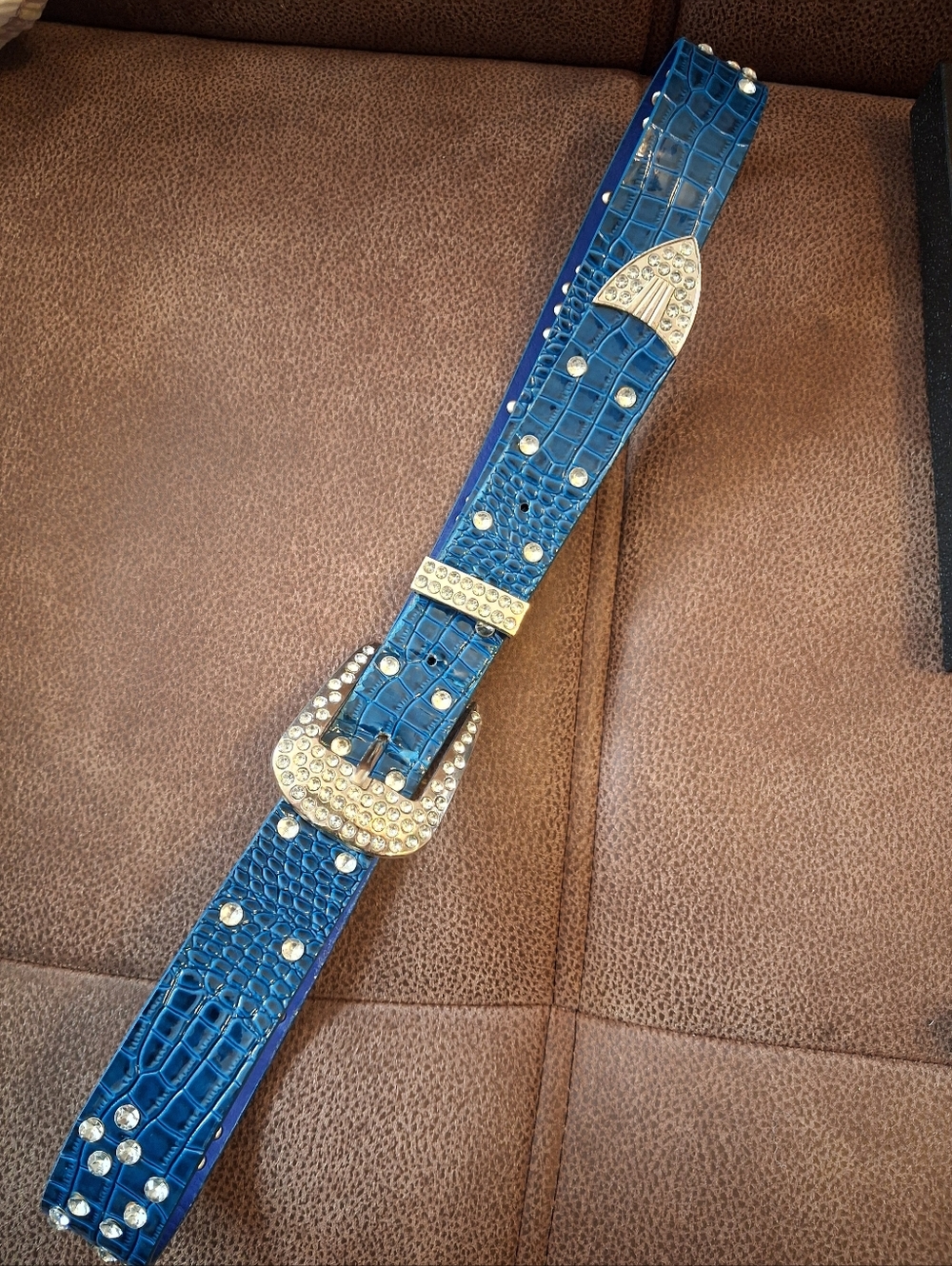 Blue Croc-Embossed Faux Leather Rhinestone Western Belt 33 To 38 Inches